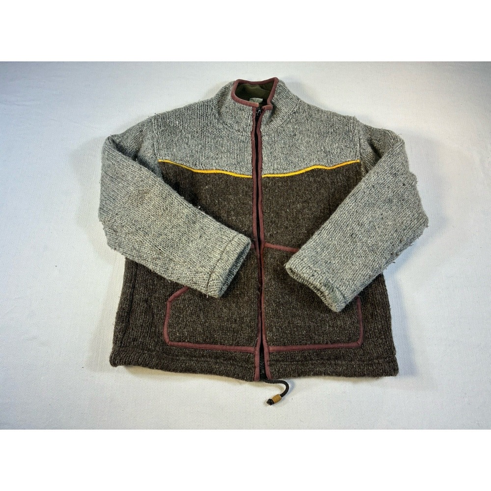 Vintage Wool Zip Up Sweater Jacket Colorblock Fleece Lined Brown Grey